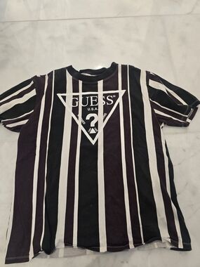 GUESS Striped Logo Tee in Black and White